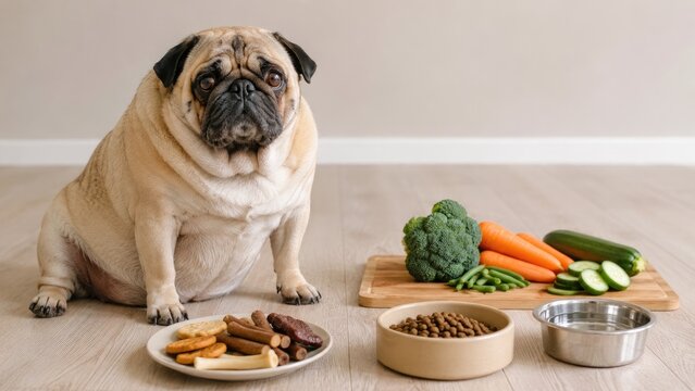 Fawn pug sitting by plates of kibble, treats and fresh vegetables on a hardwood floor with a water bowl nearby