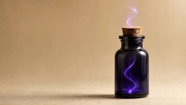 Dark spell ink bottle with swirling purple smoke on beige background for magic concept