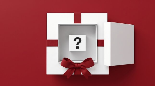 Open white gift box with a red ribbon and a question mark inside on a red background