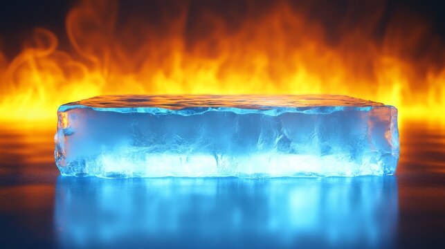 Ice block in front of flames showing contrast of cold and heat during a display