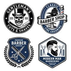Fototapeta premium This collection of vintage barber shop logos features classic designs that capture the elegance and heritage of grooming, making them perfect for barbershop branding and retro decor.