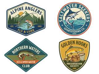 Fototapeta premium A set of badges representing various fishing clubs, each designed to highlight different fishing environments and sportsmanship, appealing to enthusiasts of all ages.
