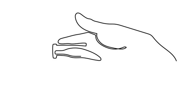 Human hand holding folding pocket knife on palm one line art animation, abstract continuous line drawing of weapon offering or military survival tool motion, dangerous crime or defense 4k self-drawing