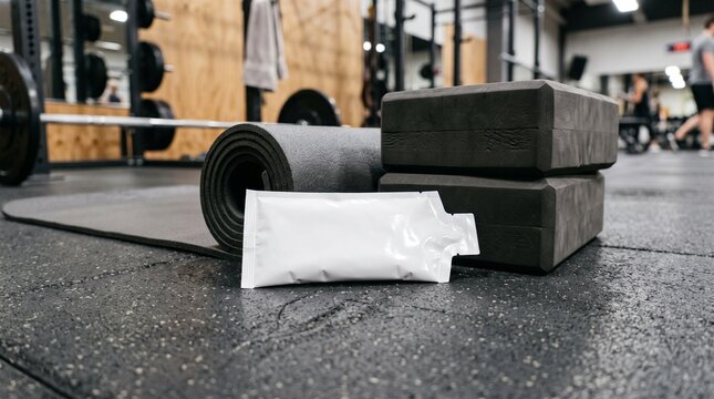 Protein sachet on gym floor beside rolled mat and yoga blocks