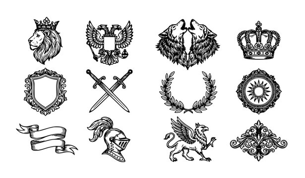 Retro heraldic crest and luxury logo elements with lion falcon bear shield crown swords ribbon and wings