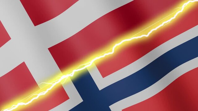 Two waving flags Denmark and Norway with diagonal lightning seamless, 4k loop
