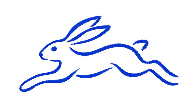 Blue hand drawn running rabbit sketch isolated on white background
