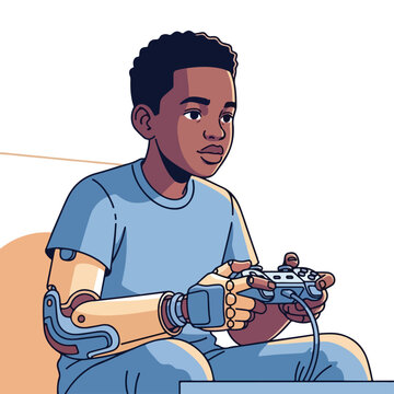 Boy with prosthetic arm plays video game at home