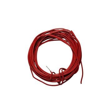 Red PVC electrical cable isolated on white background, insulated wire for safe power connection, household installation, construction and industrial wiring systems.