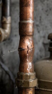 A corroded and cracked copper pipe leaking water in an industrial setting.