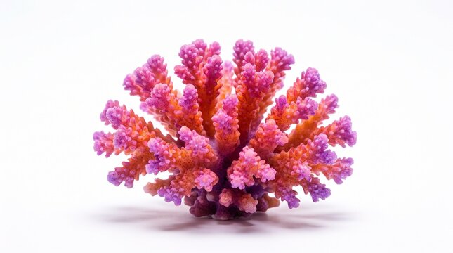 Vibrant pink and orange coral reef specimen, decorative sea coral branch on white background, tropical marine life element