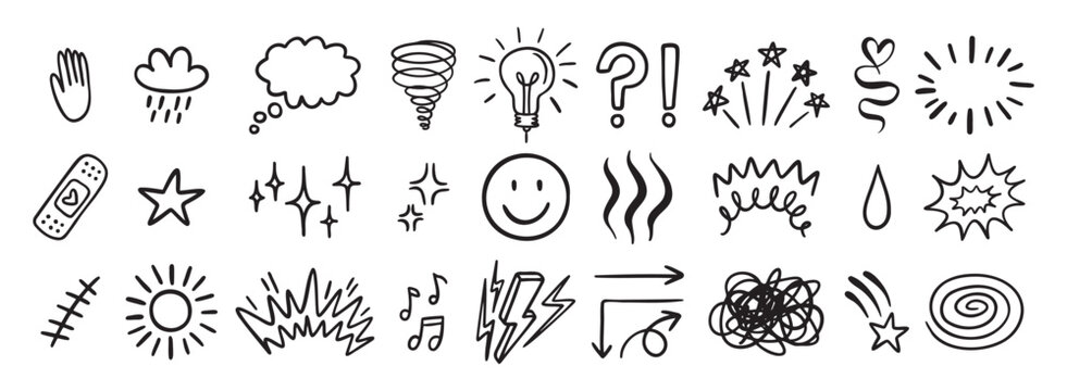 Comic funny effect icon set, anime doodle elements collection. Retro anime movement, exclamation and emphasis expressions. Doodle emotion of character in comic style