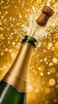 A champagne bottle is opened with the cork popping out and sparkling bubbles bursting against a golden bokeh background.