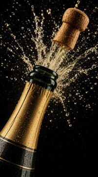 A champagne bottle cork explosively popping with bubbly liquid splashing out against a black background.