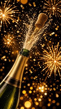 A champagne bottle pops open with sparkling golden bubbles and cork flying, set against a vibrant background of golden fireworks and celebratory confetti.