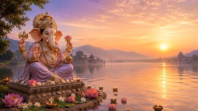 Lord ganesha idol sitting by lake water during sunset with lotus flowers and glowing lamps in serene spiritual landscape