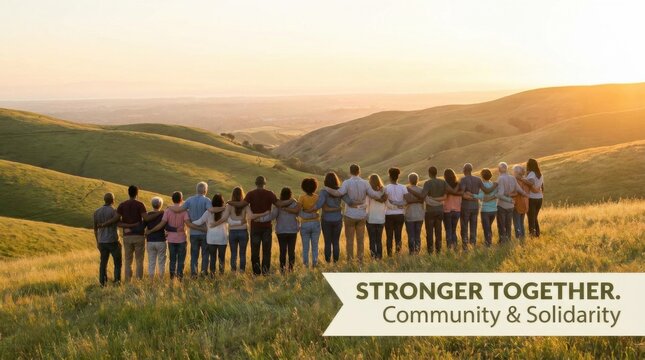 Diverse Community Group Standing on Hillside in Unity and Solidarity