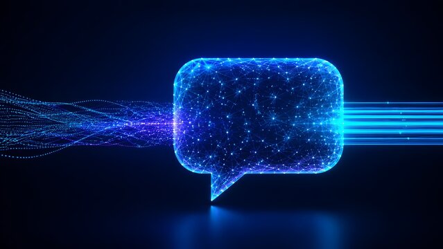 Digital communication and instant messaging concept featuring glowing chat bubble connected to fiber optic data streams