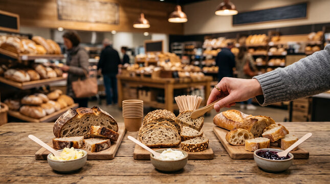 Artisan Bread Tasting Station with Sourdough, Multigrain Bread and Rustic Baguette in Premium Supermarket