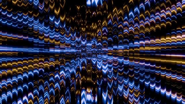 A dense grid of blue and gold glowing chevrons expands behind fluted glass texture. The elegant refraction distorts radiant geometric lines into a sophisticated technological backdrop.