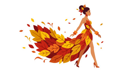 Obraz premium Woman walks gracefully wearing a high-low gown with a long autumn leaf train against a white background.