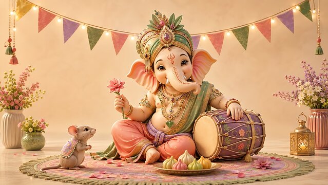 Golden lord ganesha idol glowing with divine aura surrounded by fresh flowers and traditional oil lamps for holy ganesh chaturthi celebration