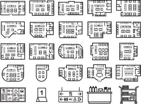 A collection of top-down floor plans showcases the layout of retail stores, including aisles, shelves, checkout counters, and signage, offering a glimpse into store design and organization.
