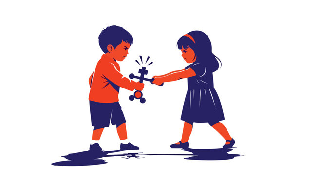 Two children fight over a toy in an empty, abstract space