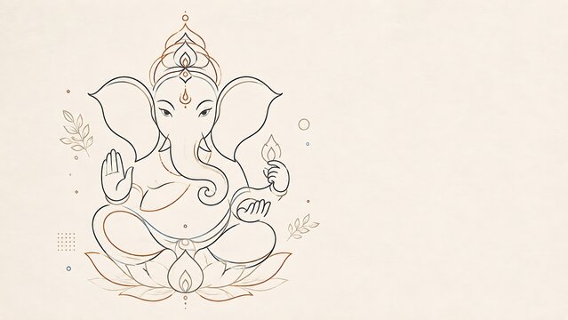 Minimalist vector line art of lord ganesha sitting on a lotus flower with clean elegant strokes on a soft beige background design