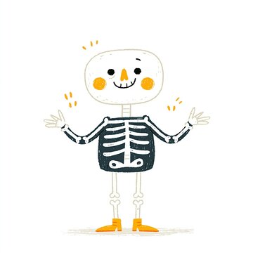 Cute skeleton illustration with cheerful expression.