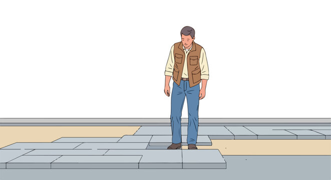 Man laying pavement tiles on sandy ground outdoors