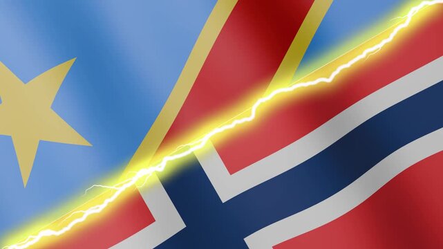 Two waving flags Democratic Republic of Congo and Norway with diagonal lightning seamless, 4k loop