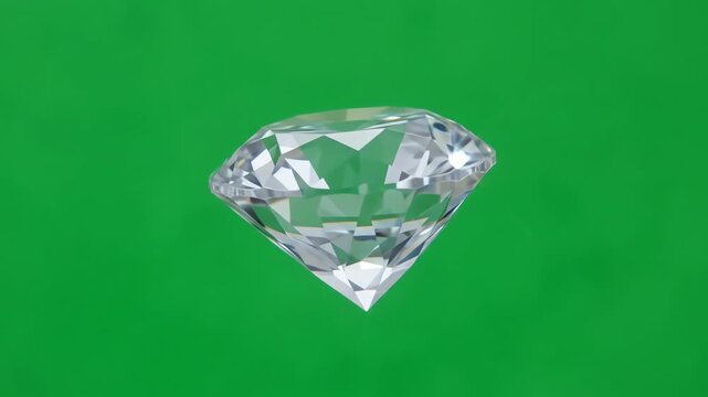 Sparkling brilliant cut diamond rotating slowly on a bright green screen background for easy chroma key compositing
