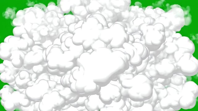 Stylized cartoon smoke cloud puffing and expanding against a bright chroma key green background for video transition and visual effects