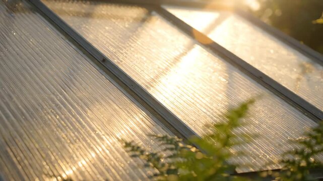 Sunlight filtering through translucent ribbed polycarbonate sheets on a garden greenhouse roof in summer with soft plant shadows swaying