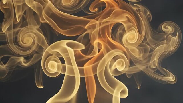 Swirling gold and orange smoke textures resembling flickering flames rising against an abstract dark gray matte background in slow motion