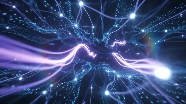 Swirling deep blue and violet light waves flowing through an abstract digital subconscious space representing neural processing and memory