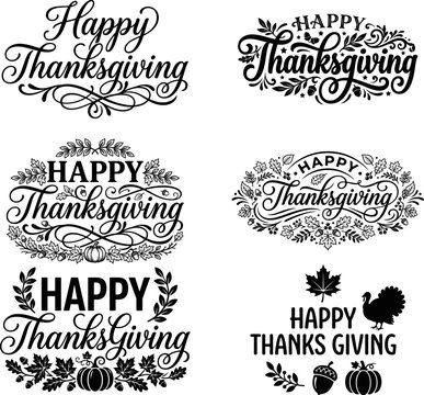 Happy Thanksgiving typography bundle, black and white holiday lettering, autumn harvest greeting card designs, seasonal celebration vector set.