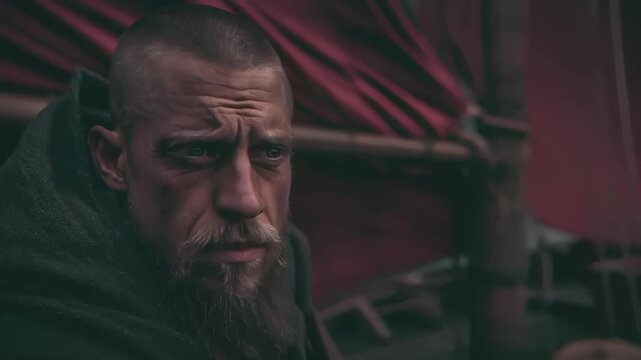 Europe medieval lifestyle. A cinematic portrayal of a man with a shaved head and a long beard, wearing a dark cloak with intricate patterns. He stares intently into the distance.
