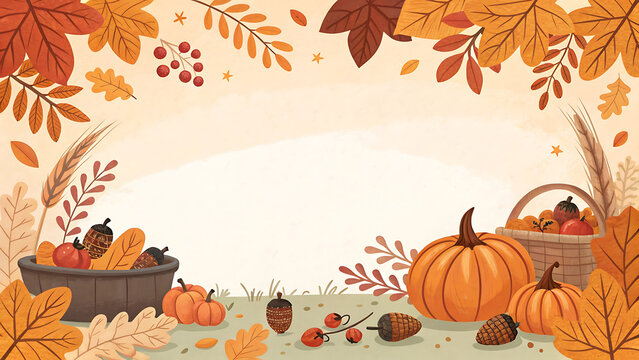 Autumn harvest scene with pumpkins and falling leaves