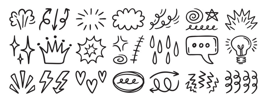 Set of random doodle sketch elements, decorative hand drawn icons for creative design
