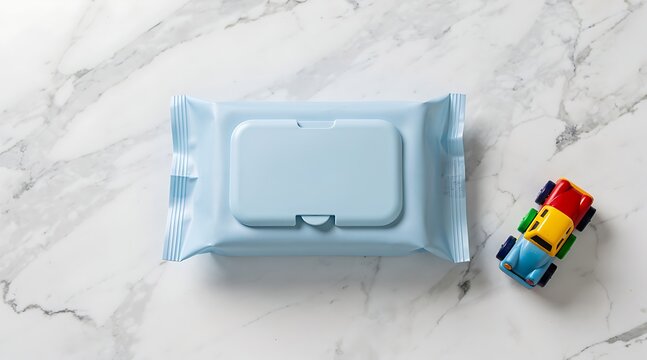Baby wipes package with colorful toy blocks.