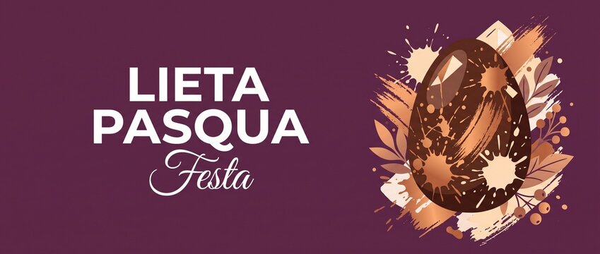 Italian Easter Banner Chocolate Egg with Lieta Pasqua Typography for holiday celebration background, modern artistic design template featuring bronze paint splashes and botanical leaves decoration