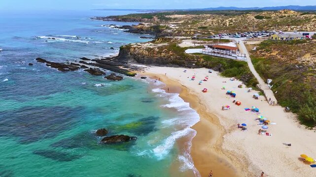 View of the Almograve beach near the parish of Longueira Almograve, Odemira, Alentejo, Portugal.
