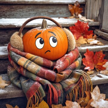 A cartoon-faced pumpkin, wearing earmuffs and a plaid scarf, enjoys a cozy moment surrounded by autumn leaves and a light dusting of snow