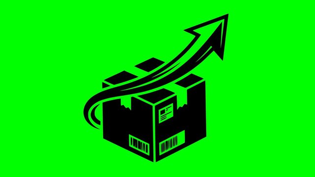 black fill hand drawn style shipping box with growing arrow animation on green screen background symbol illustration