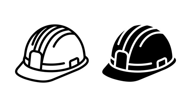 Black and white outline icons of a protective construction hard hat helmet with construction protection engineer industrial industry illustration isolated collection