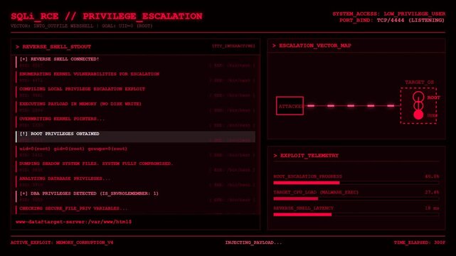 Privilege Escalation Root Access Hacking Terminal Cyber Attack Dashboard Technology Background.