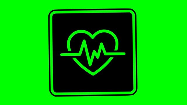 black fill medical sign featuring a heart and pulse line symbol on a vibrant green screen background for video editing chroma key use