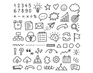 Fototapeta premium Hand drawn outline icon set with numbers symbols arrows and common business glyphs in black stroke, with icon, doodle, handdrawn, outline detail, showing number, symbol, arrow, communication context